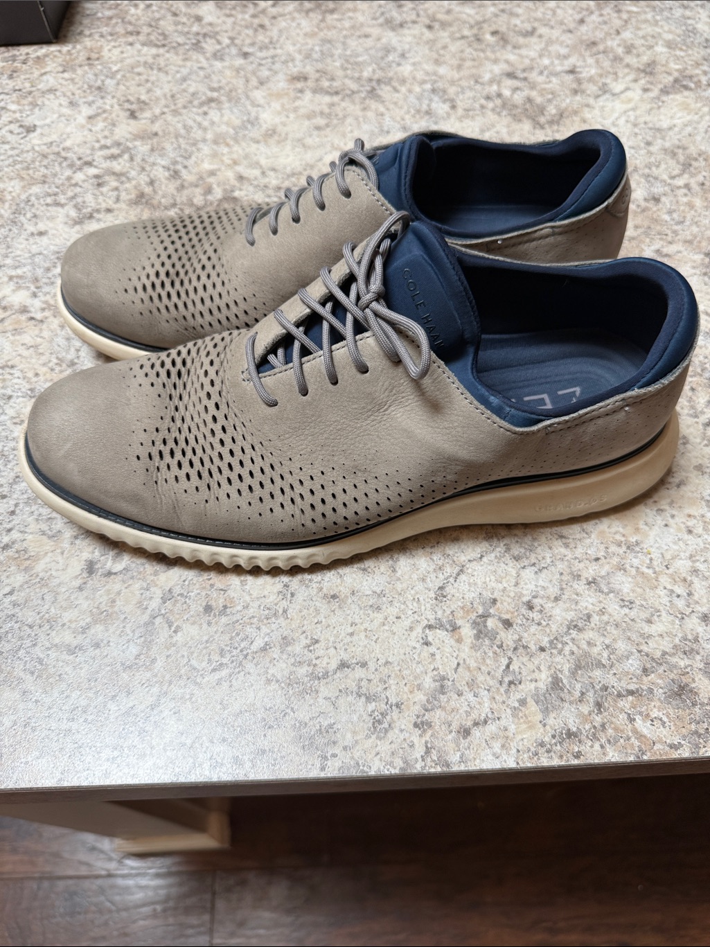 Cole Haan Taupe Leather Perforated Lace-Up Sneakers With Navy Trim